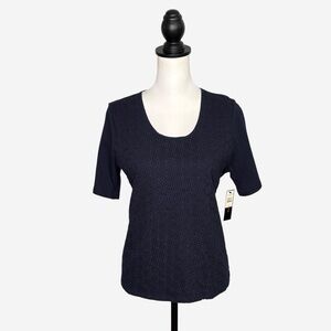 NEW Talbots Short Sleeve Lace Front Top Sz LP Petite Navy Blue Soft Cotton Modal
